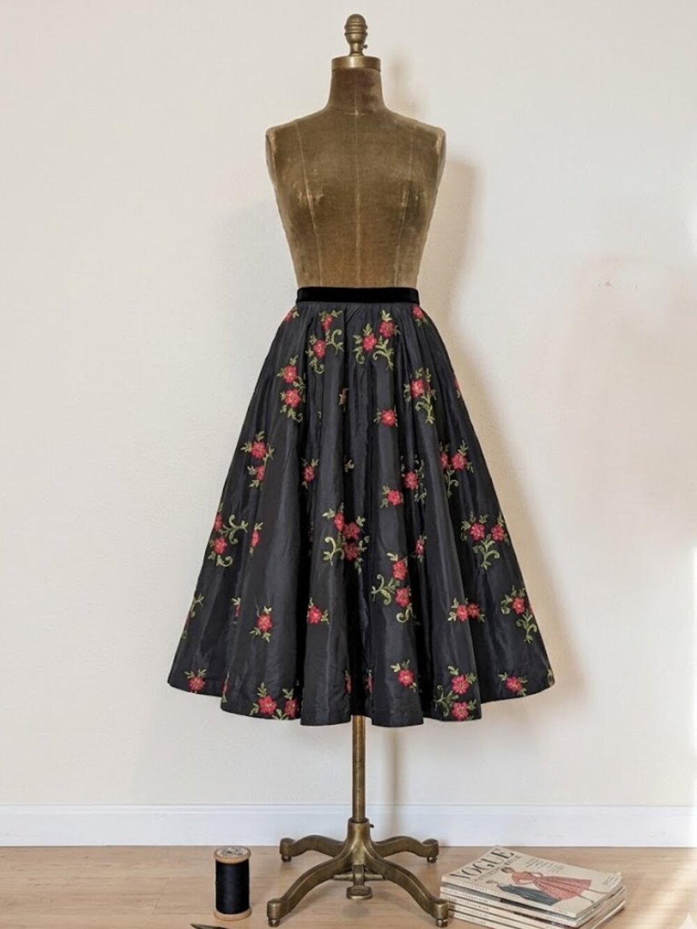 Vintage 1950s Black Taffeta Circle Skirt with Red Rose Embroidery
